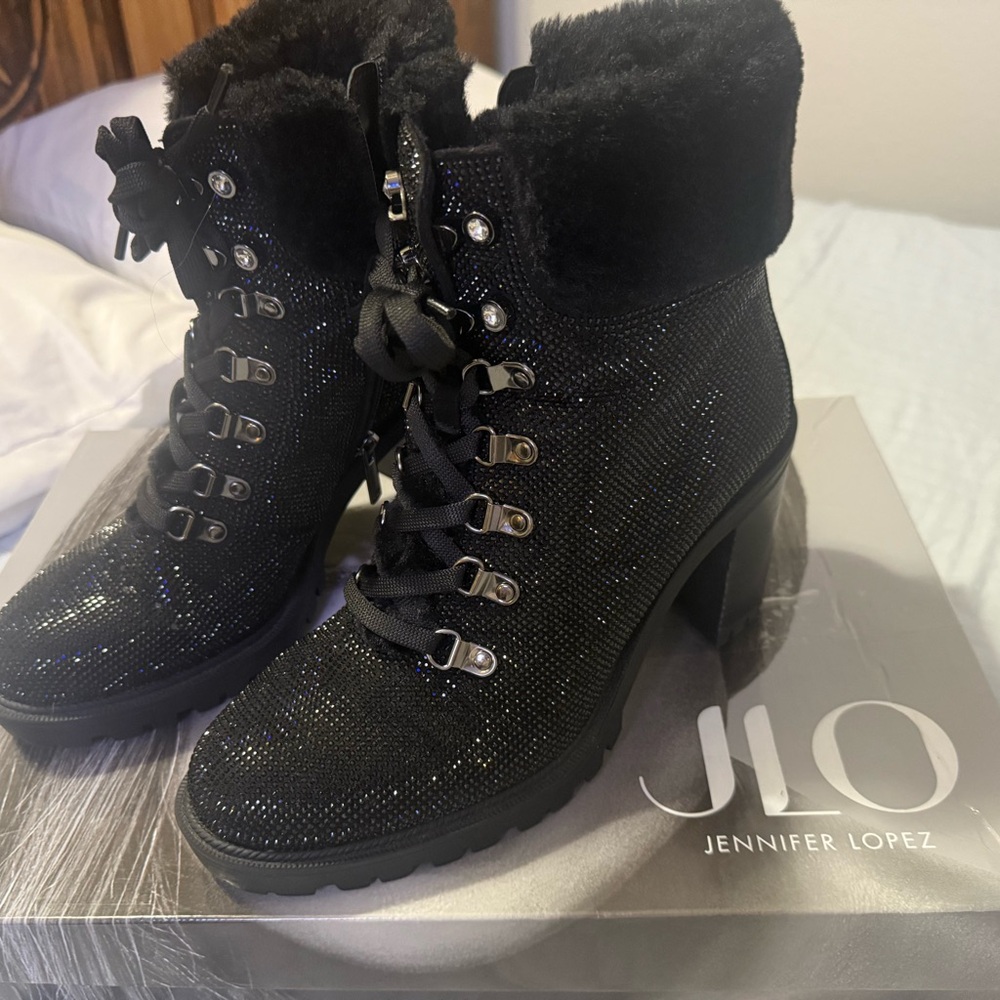Jennifer Lopez Sparkling Black Heeled Booties, black stones, size 9